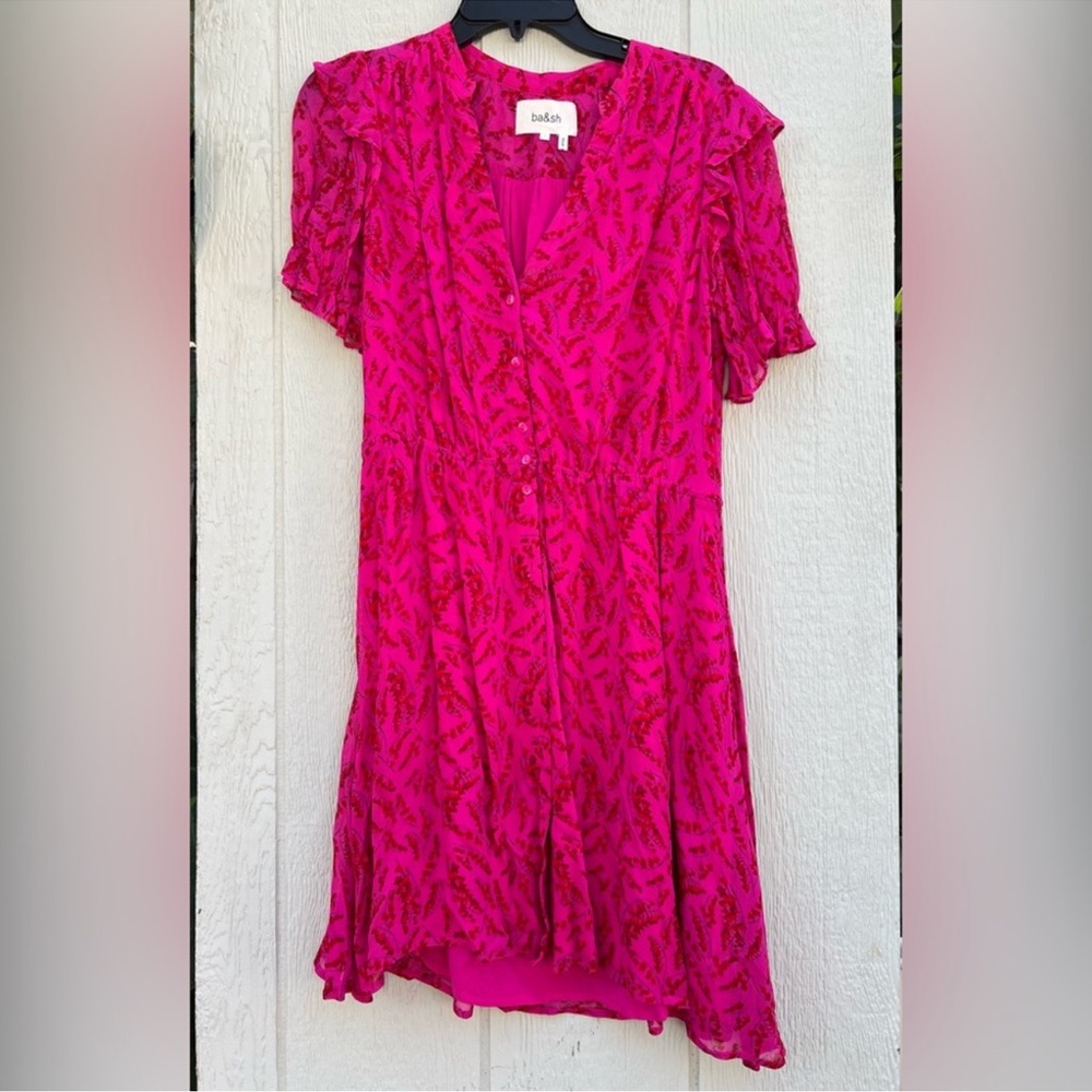 Ba&sh matcha floral print mini dress fuschia hot pink v neck ruffle sleeves
